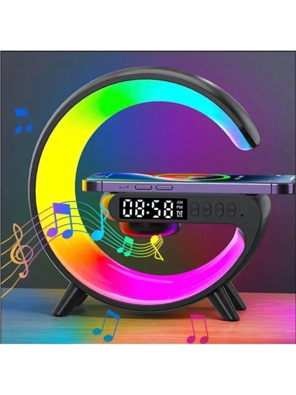 NWT Bluetooth Wireless Charger Station Stand w Alarm Clock Speaker & Light